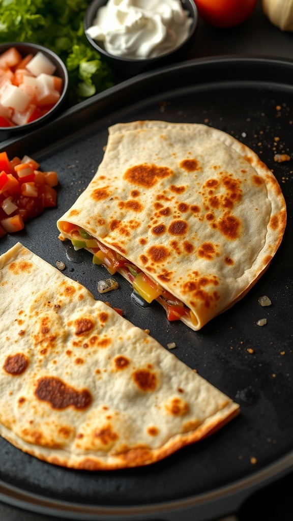 Golden quesadilla filled with cheese and vegetables on a Blackstone griddle, served with salsa and sour cream.